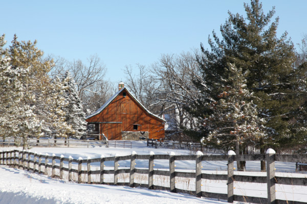 A wooden cabin behind a wooden fence surrounded by snow